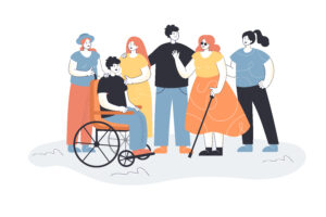 Illustration of a diverse group of people, including individuals with disabilities, standing together in a supportive and inclusive environment