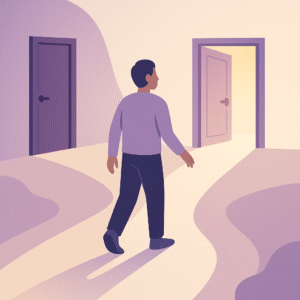 Vector illustration of a participant at a crossroads choosing a new path, symbolising the question can I change NDIS provider.