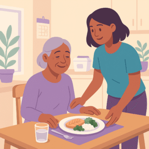 Elderly woman enjoying a healthy lunch with support from a friendly carer in a calm home setting — representing NDIS meal services that promote independence and dignity.